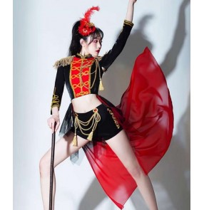 Women black red gold Jazz Dance Costume gogo dancers magician tuxedo coat Song Playing Song Accompanying Dance Performance outfits